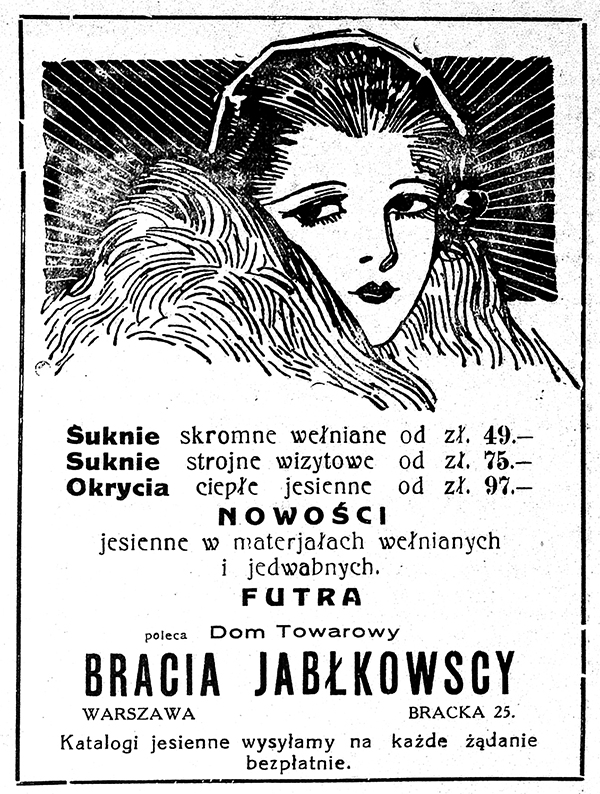 Reklama Domu Braci Jabłkowskich w magazynie „Przegląd Mody”, nr 10/1928. Ze zbiorów Biblioteki Narodowej