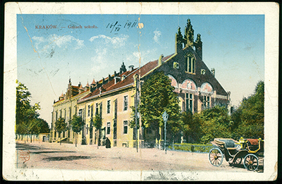 Przedwojenna pocztówka przedstawiająca siedzibę TG „Sokół” w Krakowie. Ze zbiorów Biblioteki Narodowej (za: Polona)
